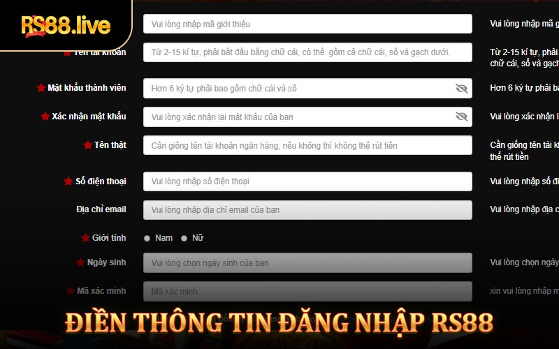 Đăng nhập RS88 - Điền thông tin chính xác vào biểu mẫu